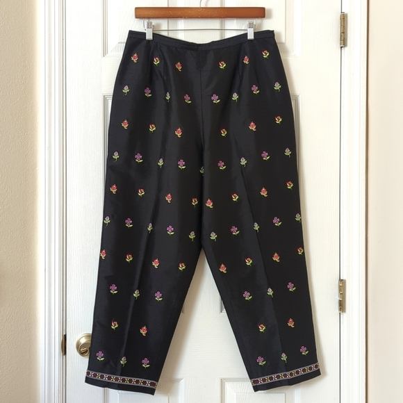 Talbots 90's Vintage Floral Embroidered Silk High Waisted Tapered Leg Pants 14 - Picture 1 of 14